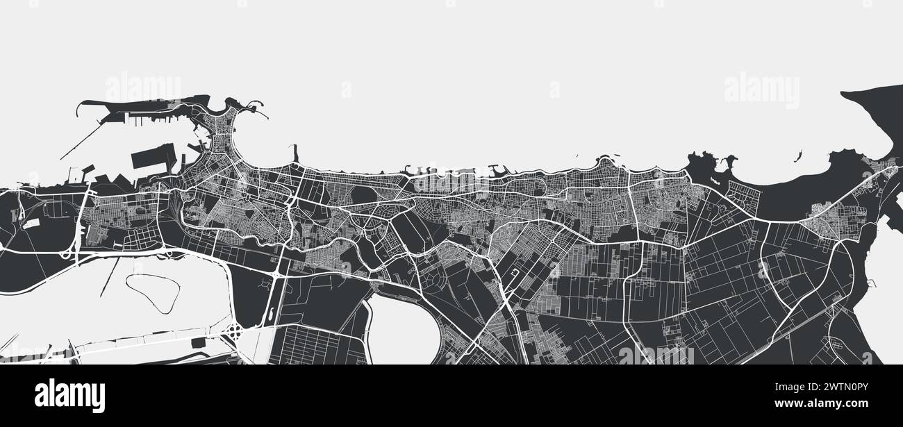 Carte d'Alexandrie, Égypte. Carte vectorielle détaillée de la ville, zone métropolitaine. Carte des rues en noir et blanc avec routes et eau. Illustration de Vecteur