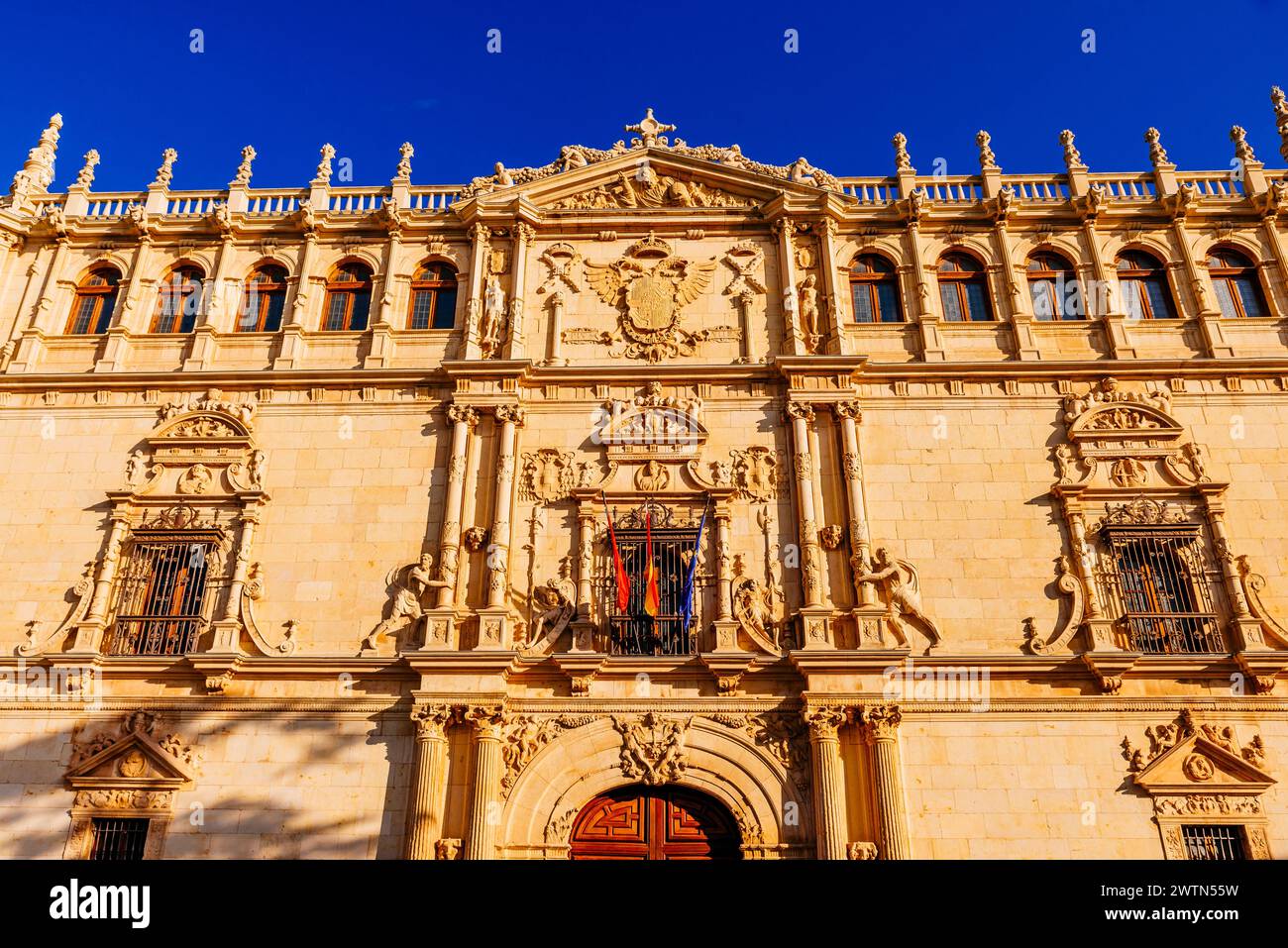 Détail plateresque façade. Colegio Mayor de San Ildefonso. Université de Alcalá. Alcalá de Henares, Comunidad de Madrid, Espagne, Europe Banque D'Images