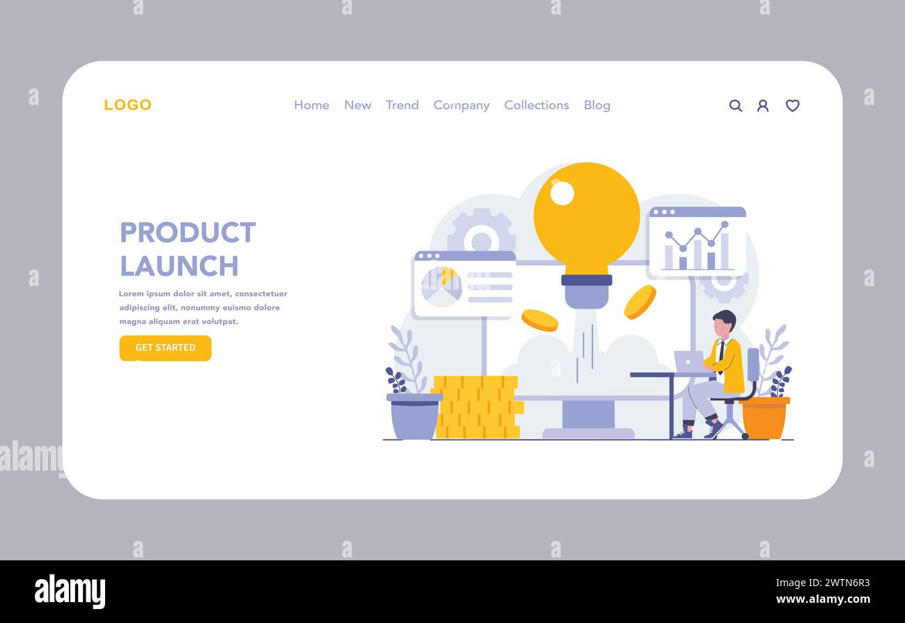 Site Web de lancement du produit ou page d'accueil. Un moment crucial car le produit enflamme le marché, alimenté par la planification stratégique et l'analyse. Une étape importante dans le parcours de développement. Illustration vectorielle. Illustration de Vecteur