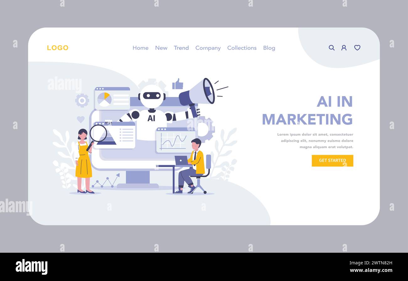 Innovation dans le marketing web ou la page de destination. IA dans le marketing. Des équipes exploitant l’intelligence artificielle pour l’analyse des données et l’optimisation des campagnes. Les algorithmes futuristes améliorent les interactions des consommateurs. Illustration de Vecteur