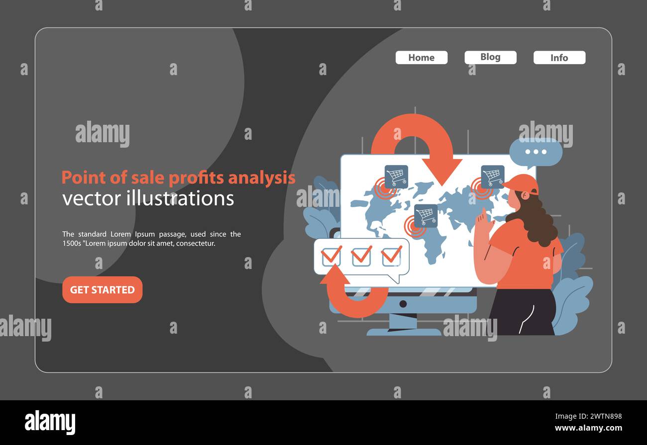 Analyse des bénéfices au point de vente. Représentation visuelle des données de ventes mondiales et suivi de la rentabilité. Cartographie interactive des indicateurs de performance de la vente au détail. Vecteur plat pour des informations commerciales. Illustration de Vecteur