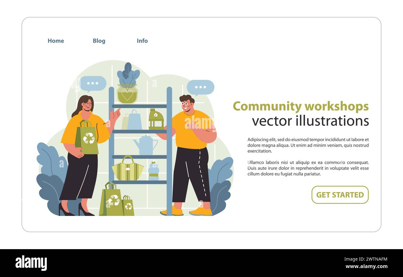 Ateliers communautaires illustration vectorielle. Les individus enthousiastes partagent et apprennent sur l’upcycling, favorisant un sentiment de communauté autour des pratiques durables. Illustration de Vecteur