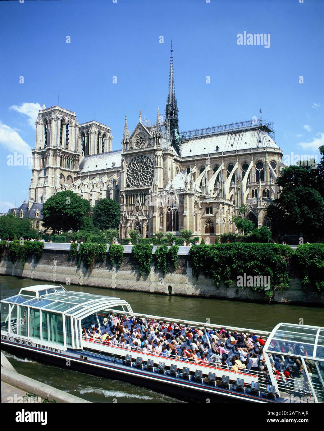 France. Paris. Notre Dame avec bateau touristique sur la Seine. Banque D'Images