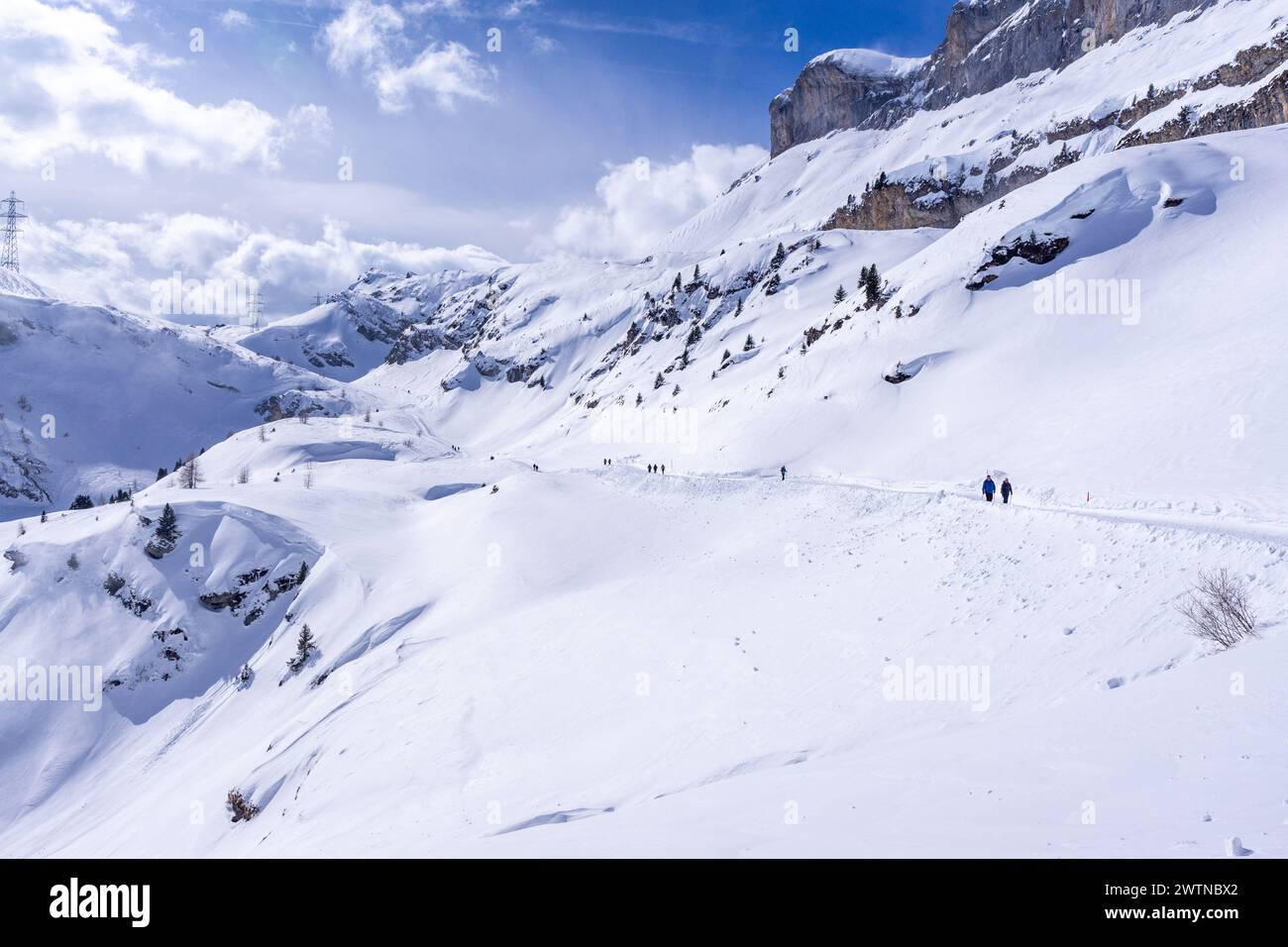 Sentier avec des marcheurs de Schwarenbach vers Seestutz et Daubensee avec vue jusqu'à Felshore (2,785 m), près du col de Gemmi, Valais, Suisse Banque D'Images