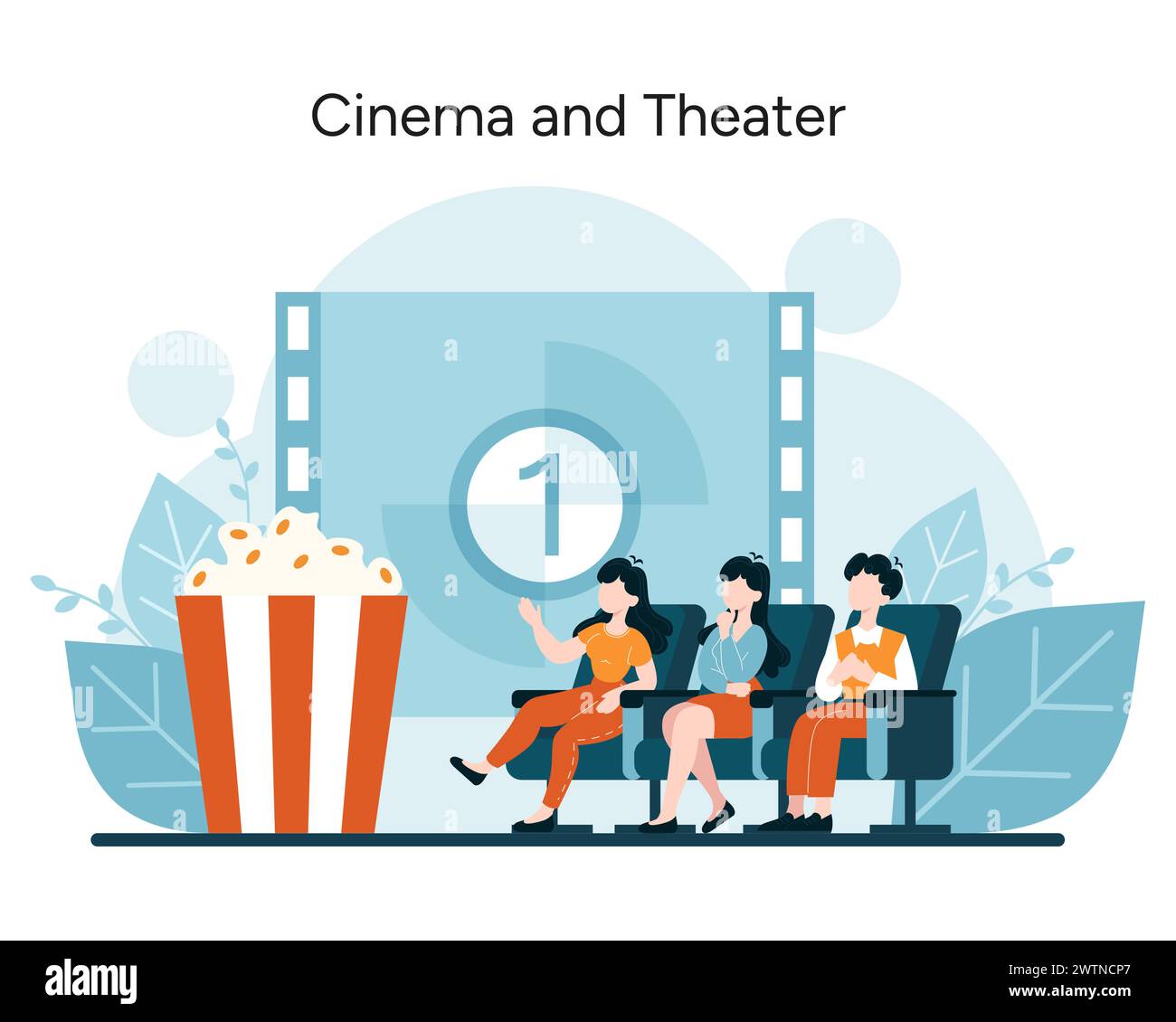 Concept d'expérience cinématographique. Les amateurs de cinéma plongent dans la magie du cinéma. Profitez du grand écran dans un décor de théâtre avec pop-corn. Illustration vectorielle Illustration de Vecteur