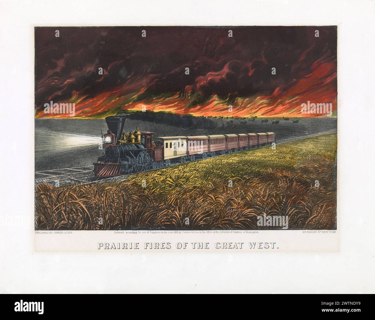 ' Prairie Fires of the Great West' Vintage Historical Lithography, publié par Currier & Ives. Train voyageant à travers la prairie avant l'avancée du feu, vers les années 1870 Banque D'Images