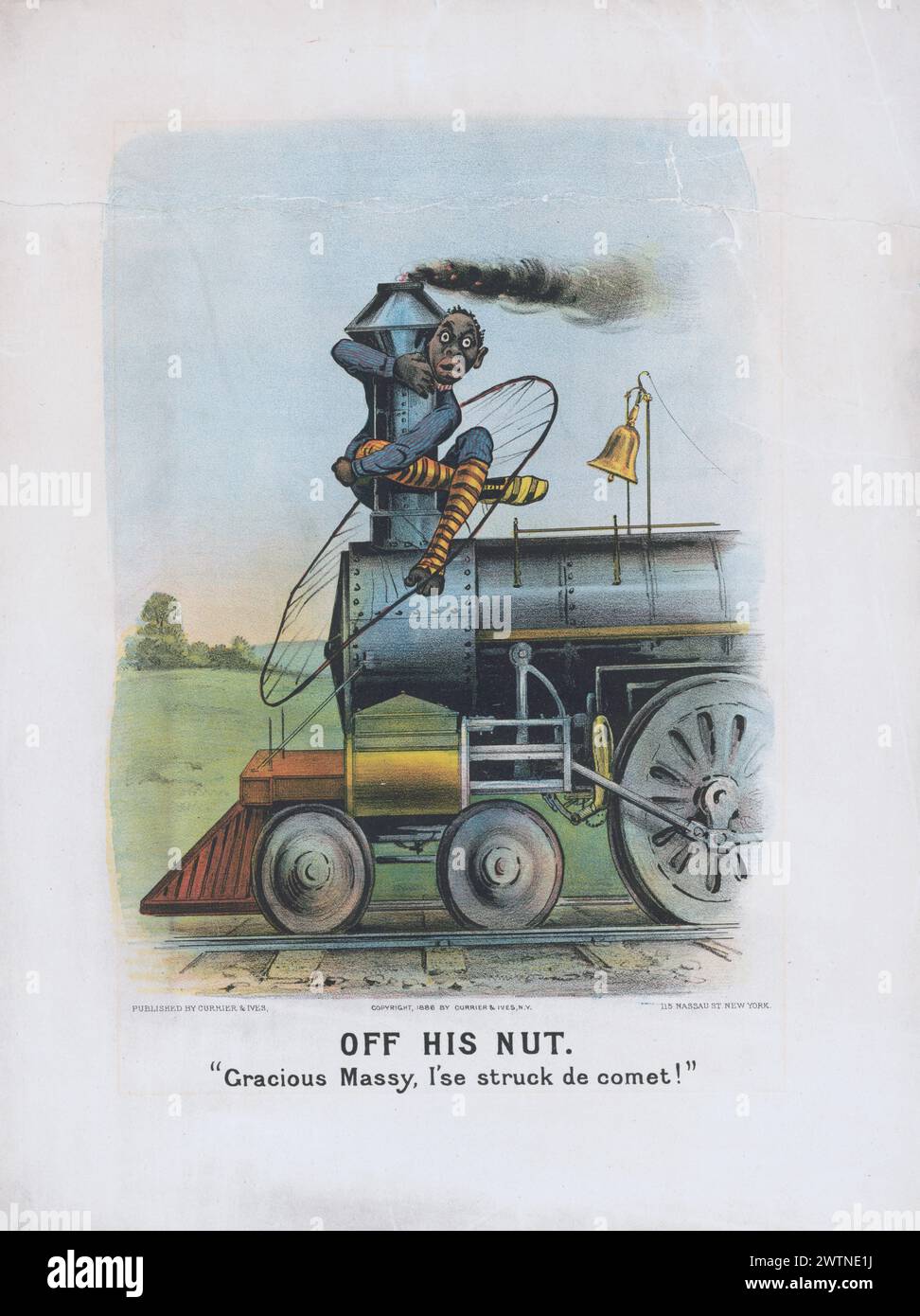 'Hors de sa noix - 'Gracious massy, je me suis frappé de comète!''. Représentation caricaturale d'un homme noir suspendu pour la sécurité coincé sur le chiney d'une locomotive à vapeur, Vintage Historical Lithography, publié par Currier & Ives. Banque D'Images