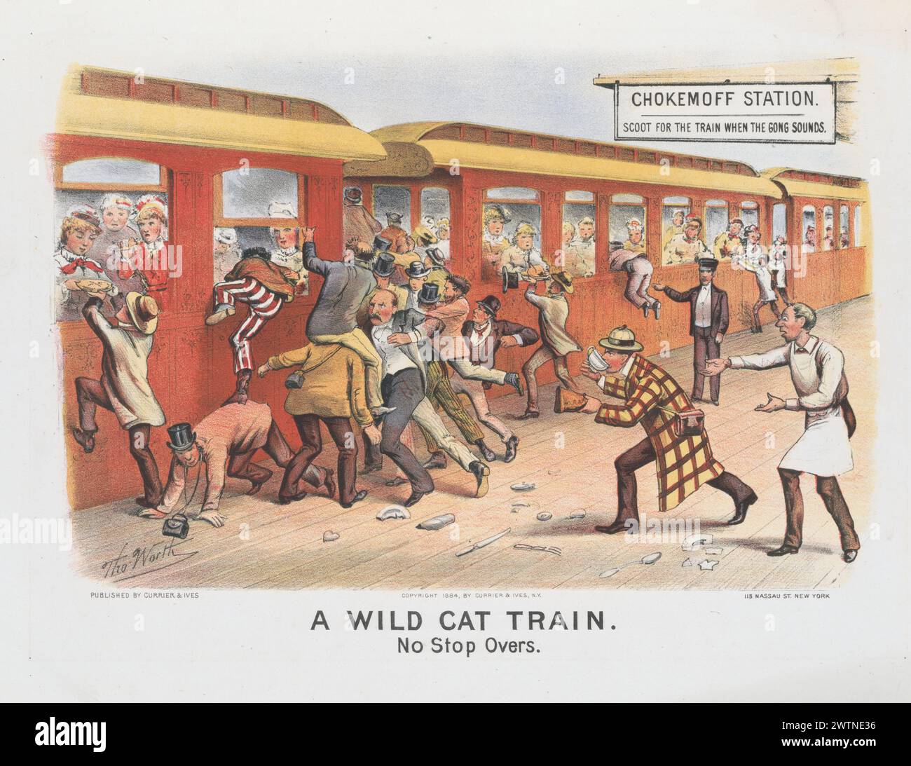 Un train de chats sauvages, pas d'arrêt overs. Lithographie historique vintage, éditée par Currier & Ives. Illustration de dessins animés de gens qui se bousculent pour monter dans le train à la gare de Chokemoff Banque D'Images