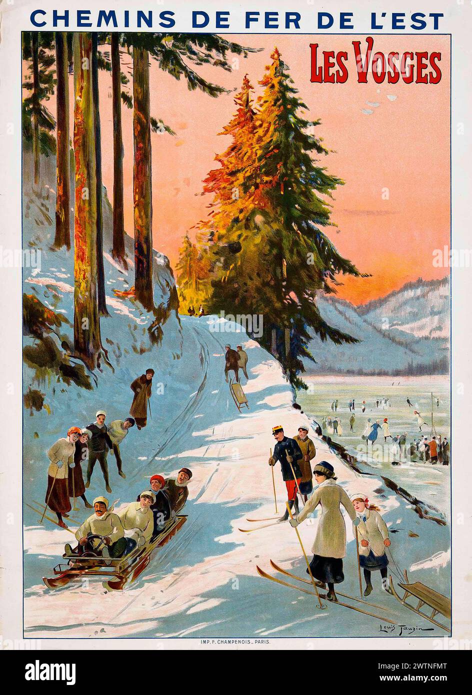 Affiche de voyage sportive vintage. Compétition internationale de ski à Gérardmer aux Vosges, France. Par Louis Tauzin 1912 Banque D'Images