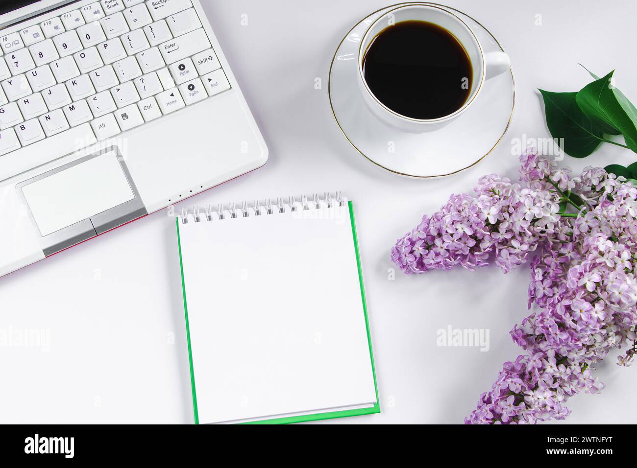 Spring flatlay. Bloc-notes, ordinateur portable, fleurs de lilas et tasse de café sur fond clair. Concept de petit déjeuner tôt, business plan dans le bureau. Banque D'Images