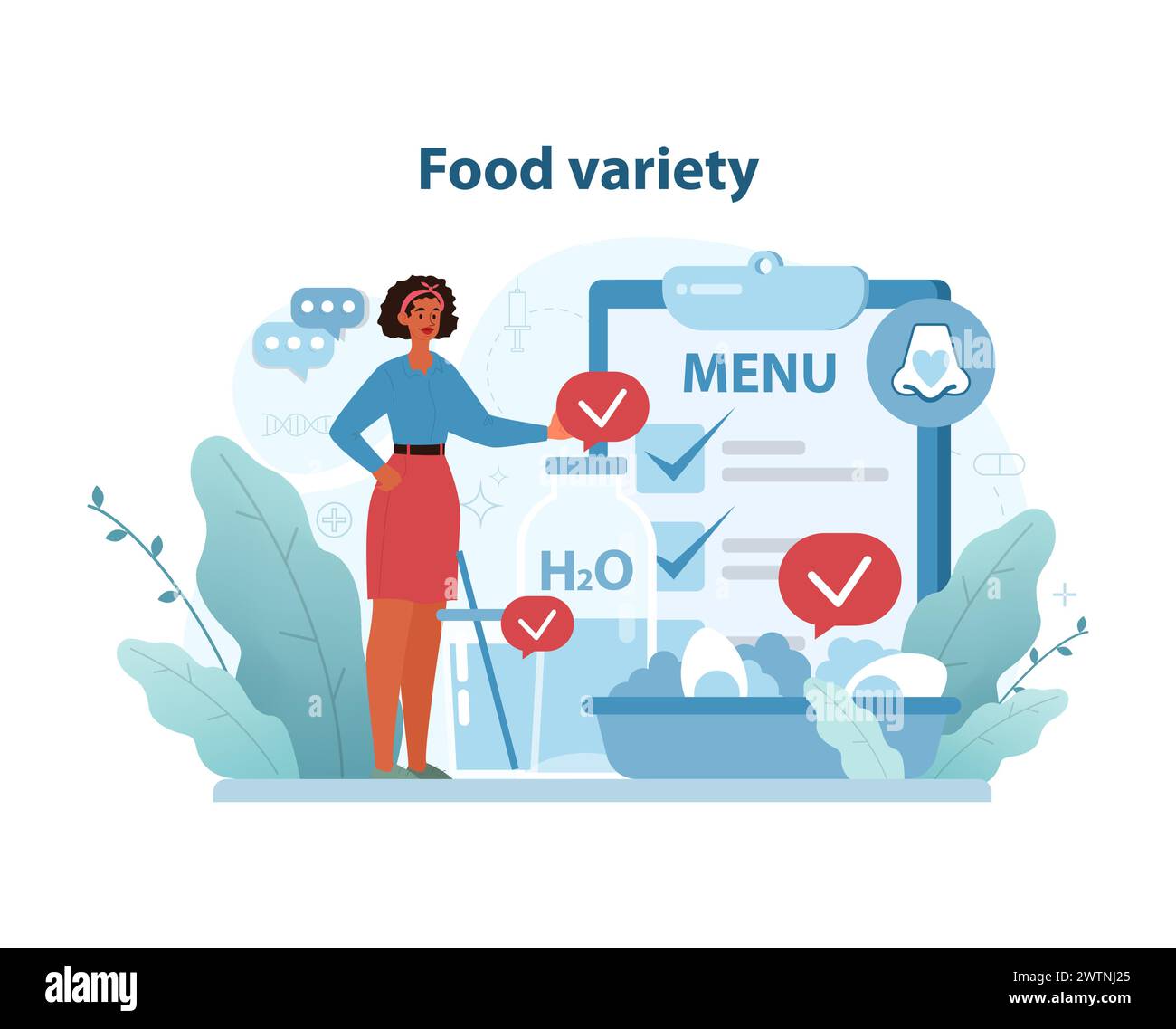 Illustration des choix diététiques. Une femme se tient par un menu alimentaire et de l'eau diversifiés, soulignant l'importance d'une alimentation variée pour la santé sensorielle et globale. Illustration de Vecteur