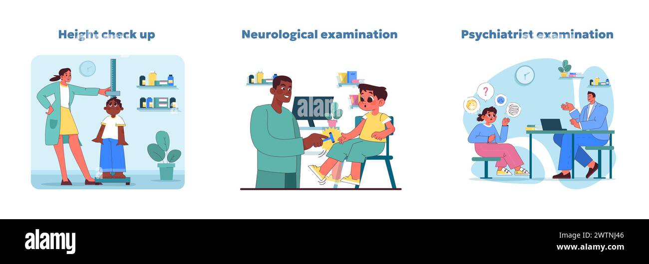Ensemble croissance infantile et santé mentale. Mesure de la croissance, test fonctionnel neurologique et évaluation psychiatrique illustrés. Garde d'enfants et suivi du développement. Illustration vectorielle Illustration de Vecteur