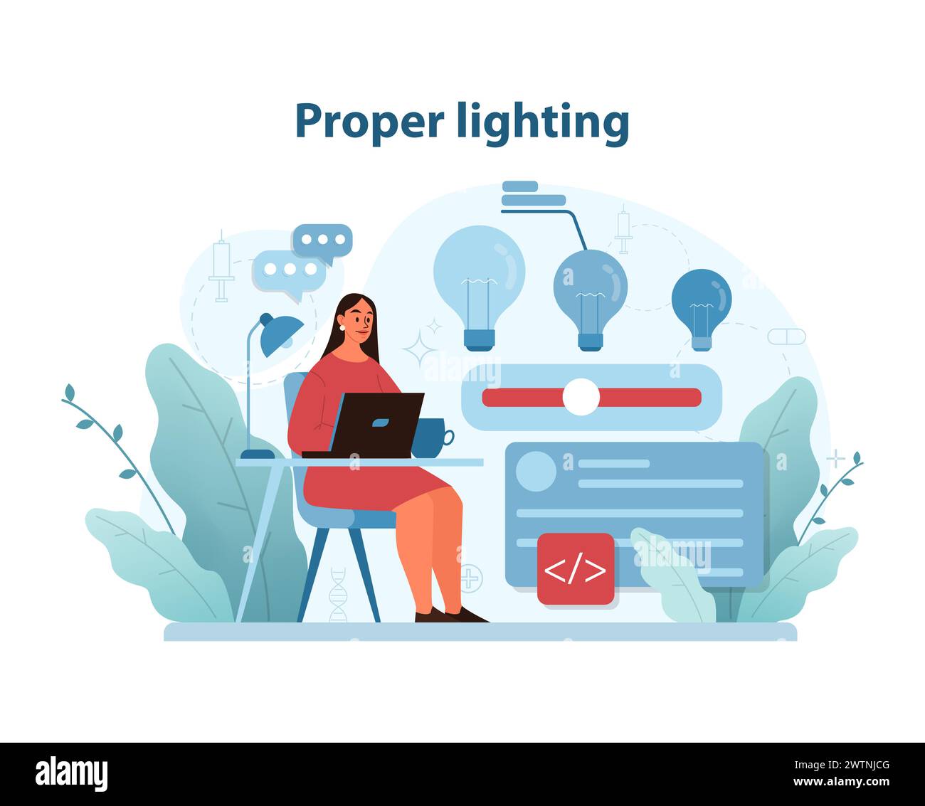 Illustration de l'éclairage ergonomique dans les espaces de travail. Une femme travaille confortablement à son bureau bien éclairé, offrant un éclairage idéal pour la santé oculaire. Illustration vectorielle plate. Illustration de Vecteur