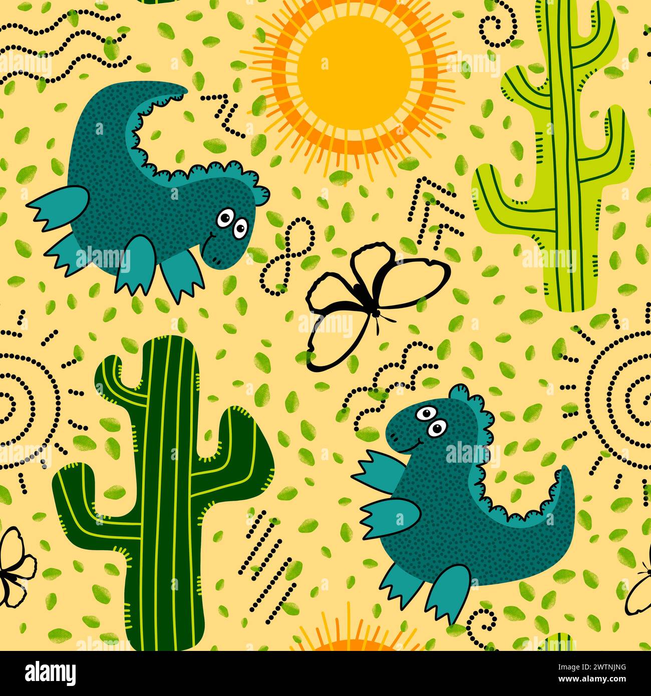 Désert d'été sans couture animaux dinosaures cactus et motif de soleil pour l'emballage du papier et des tissus et des draps et des enfants impression et emballage festif et partie Banque D'Images