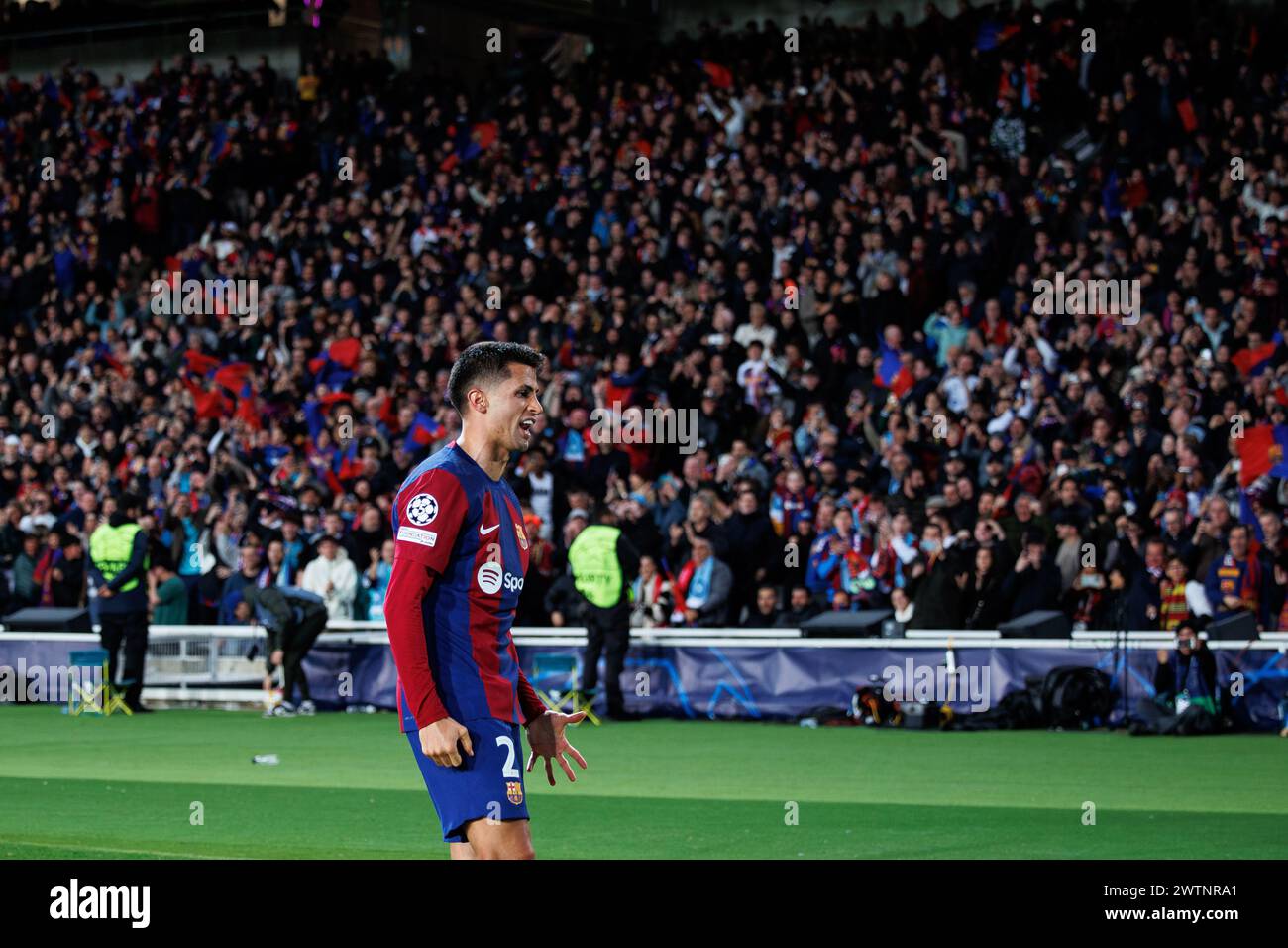 Barcelone, Espagne. 12 mars 2024. Joao Cancelo célèbre un but lors du match de l'UEFA Champions League entre le FC Barcelone et la SSC Napoli à l'est Banque D'Images