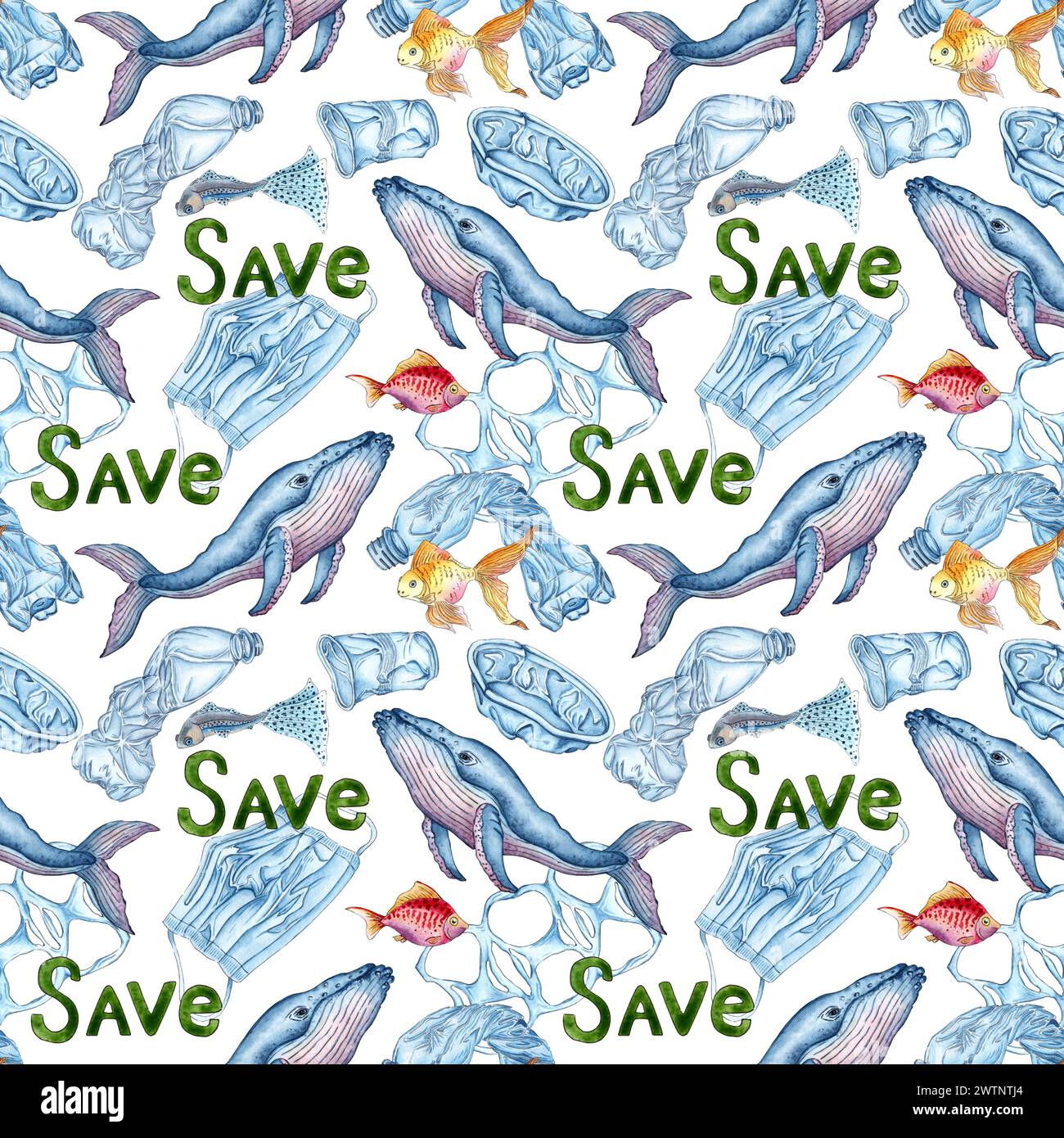 Motif d'illustration d'aquarelle de baleines, petits poissons et déchets en plastique, pollution de l'océan avec des déchets en plastique. Les produits en plastique sont recyclables. Isolat Banque D'Images