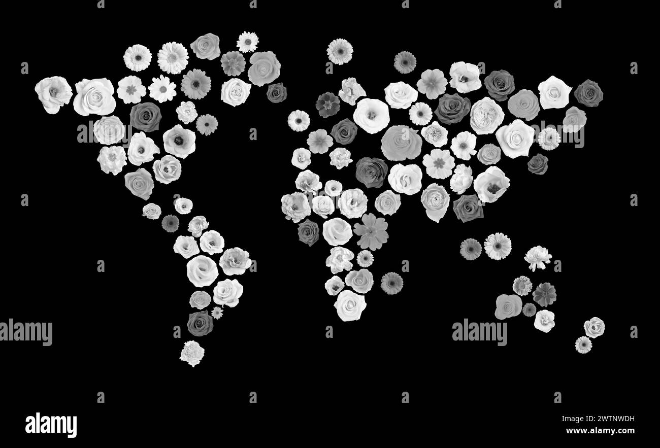 Carte du monde faite de belles fleurs sur fond noir, effet noir et blanc. Conception de bannière Banque D'Images