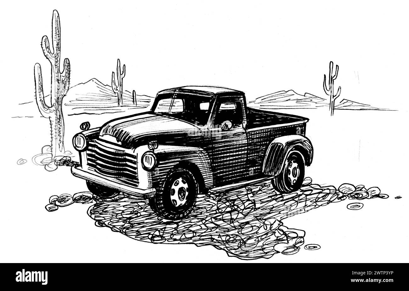 Camion américain vintage dans le désert. Illustration noire et blanche dessinée à la main de style rétro Banque D'Images