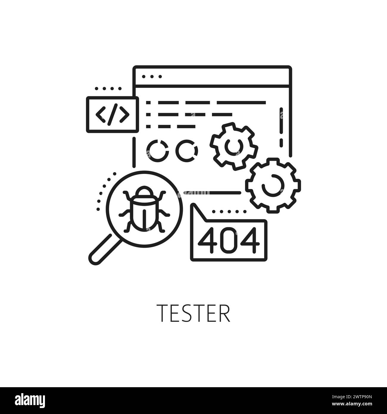Testeur, spécialiste INFORMATIQUE de test logiciel et icône vectorielle d'analyse pour l'ingénierie numérique ou la technologie de développement. Spécialiste des tests de logiciels d'applications informatiques ou Web de l'utilisabilité UI UX ou du test de débogage Illustration de Vecteur