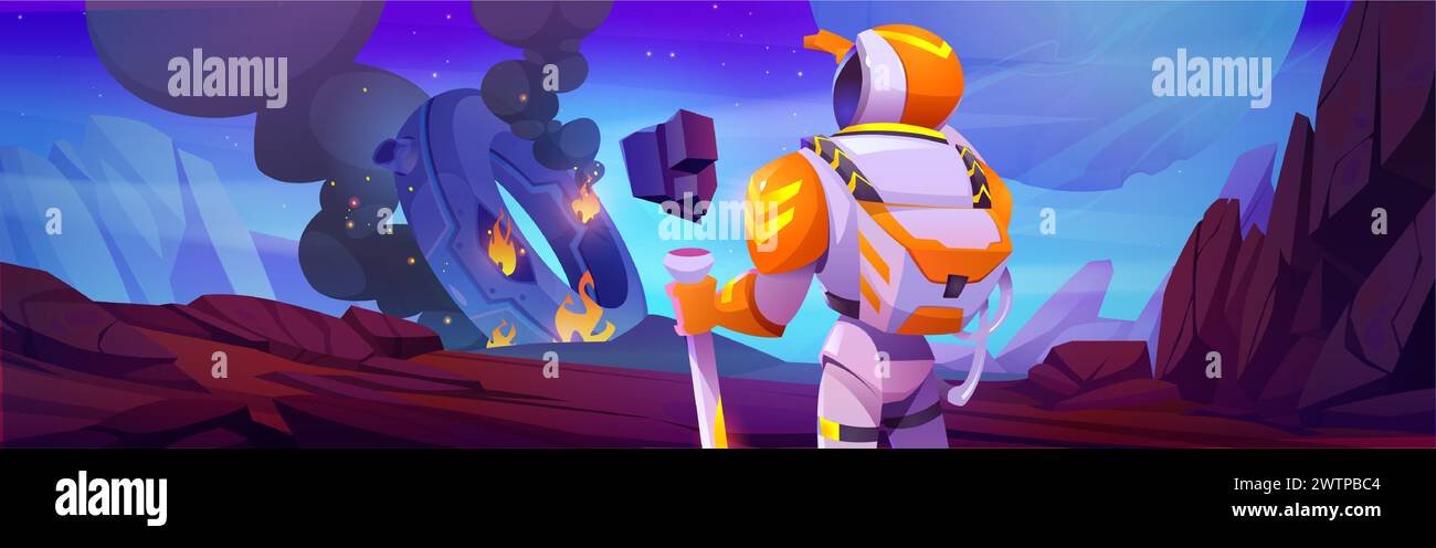 Astronaute et extraterrestre UFO Spaceship paysage de crash. Cosmonaute découverte soucoupe vaisseau spatial dans le désert extraterrestre fantastique après attaque. Planète terre futuriste avec rocher et vue sur le ciel étoilé. Illustration de Vecteur