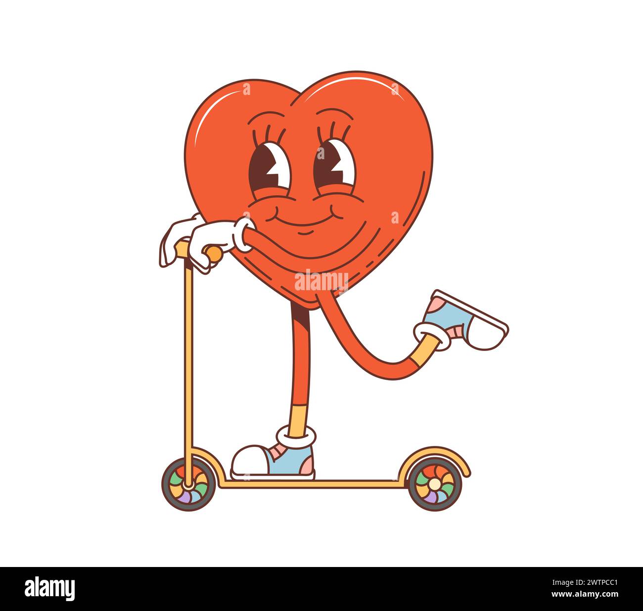 Cartoon rétro groovy Valentine Heart personnage sur scooter, vecteur comique intégrés hippie ou hipster. Joyeux coeur groovy souriant dans le scooter d'équitation d'amour, années 70 Illustration de Vecteur