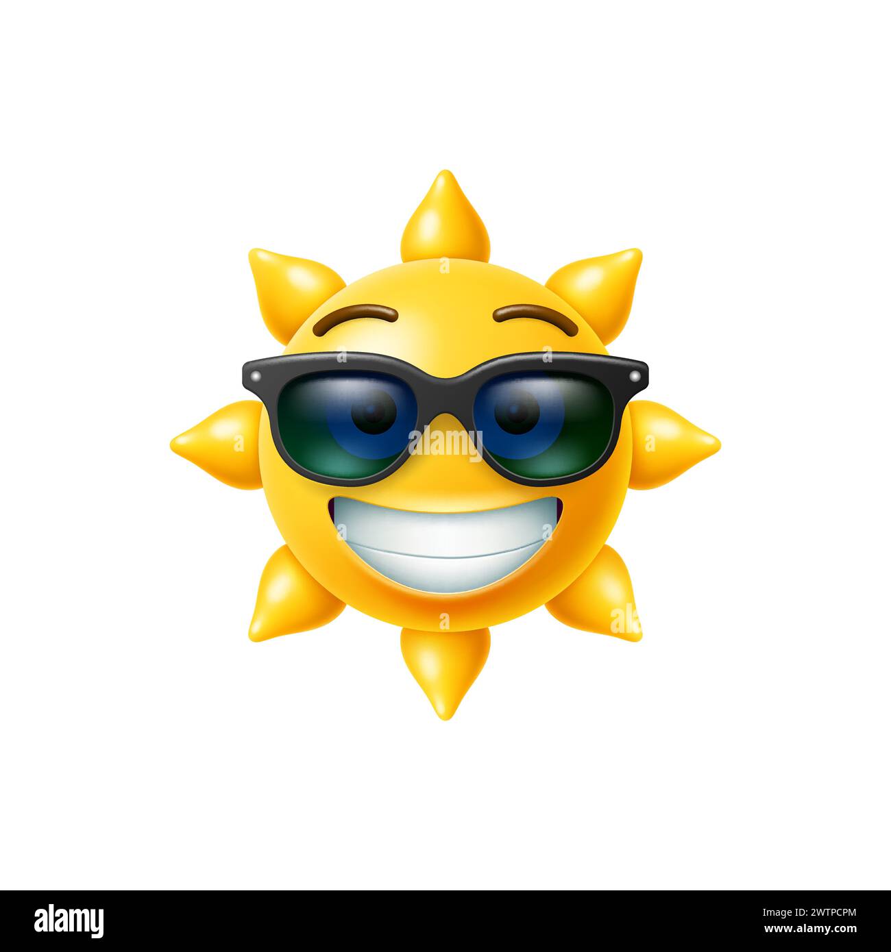 emoji soleil 3d, caractère ensoleillé jaune frais dans les lunettes de soleil. Personnage réaliste du soleil, personnage vectoriel isolé de la lumière du soleil d'été ou masco drôle par temps chaud Illustration de Vecteur