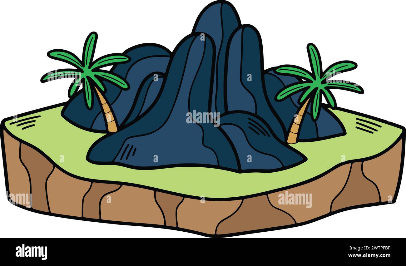 Île dessinée à la main et cascade dans le style plat isolé sur fond Illustration de Vecteur