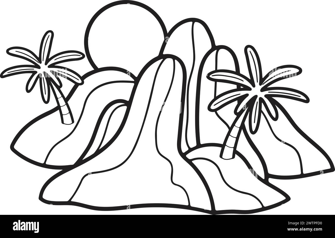 Île dessinée à la main et cascade dans le style plat isolé sur fond Illustration de Vecteur