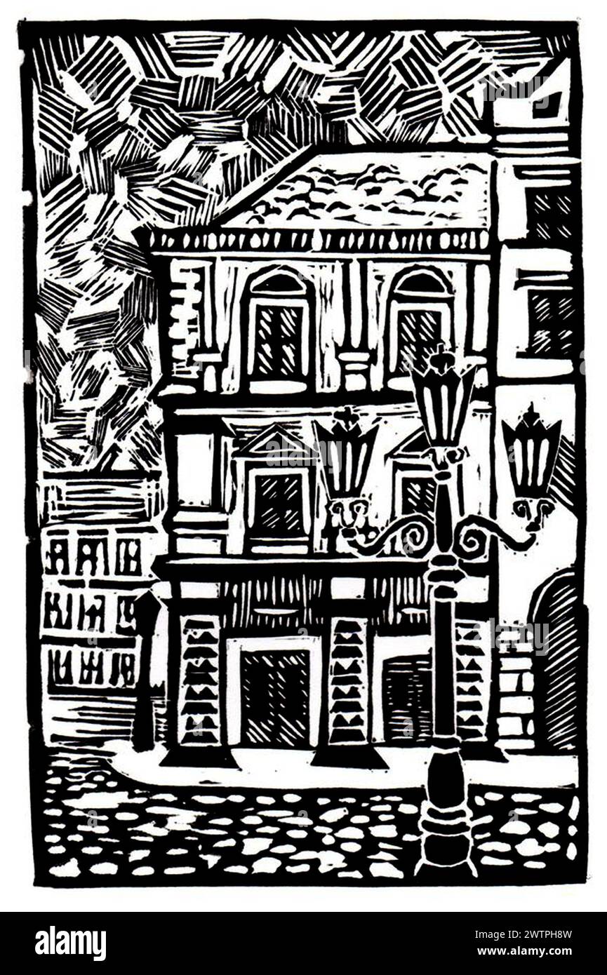 Illustration d'une vieille ville. Linogravure. Noir et blanc. Stylisation, beaucoup de détails. Lanterne, vieilles maisons, pavés. Le ciel est rempli de traits. Vieille ville européenne. Carte postale. Technique d'impression. Banque D'Images