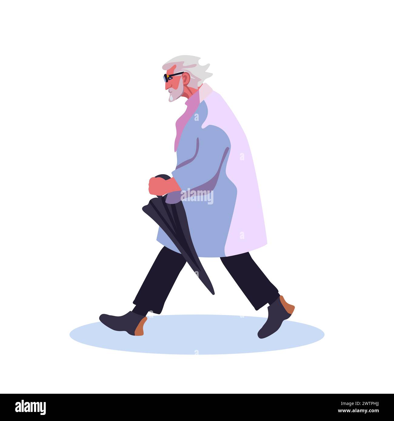 Un vieil homme en imperméable avec un parapluie plié noir. Grand-père aux cheveux gris en promenade. Dessin animé isolé de graw à la main. Illustration vectorielle plate Illustration de Vecteur