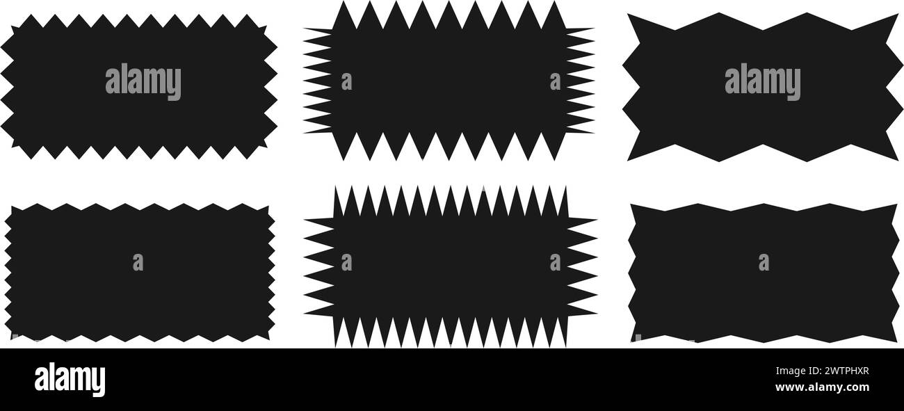 Rectangle dentelé.Un ensemble de formes rectangulaires en zigzag inégales. Couleur noire. Éléments isolés pour la conception de zone de texte, bouton, badge, bannière, tag, autocollant Illustration de Vecteur