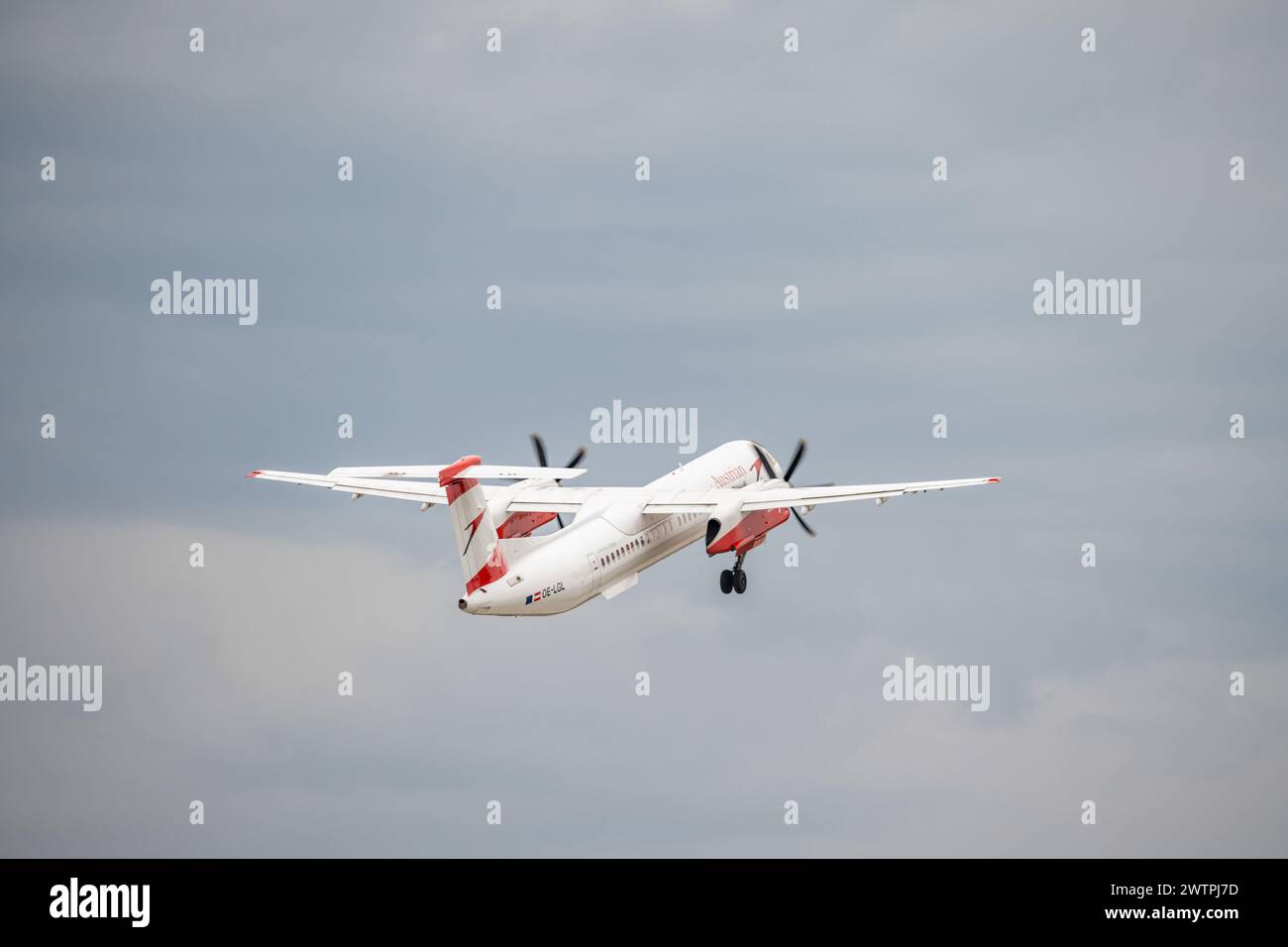 Francfort Allemagne 11.08.19 Austrian Airlines de Havilland Canada Dash 8-400 OE-LGL départ de l'aéroport de Fraport. Banque D'Images