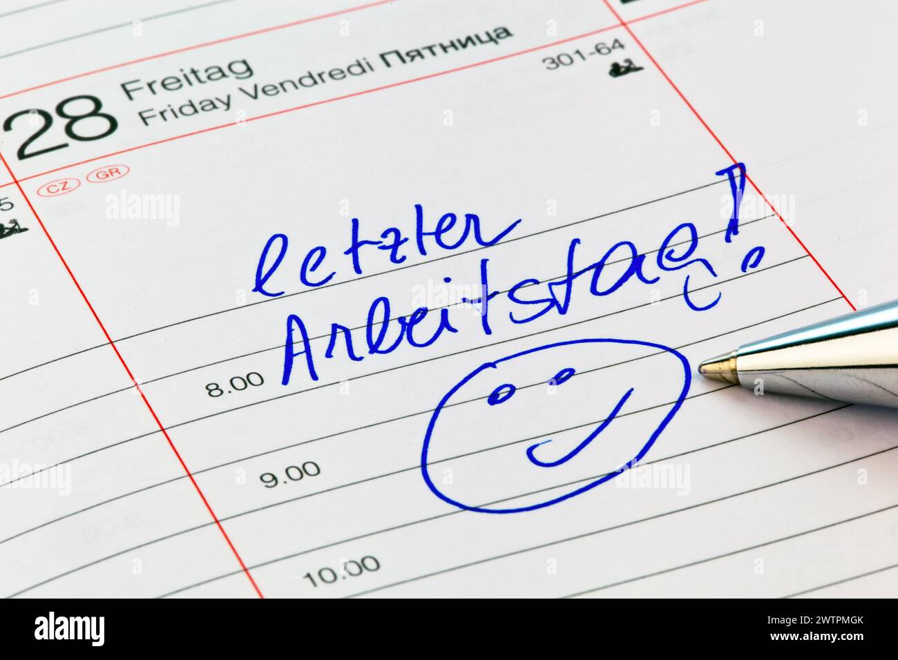 Dernier jour ouvrable, entrée dans un calendrier. Photo symbole pour pension, retraite, retraite anticipée, pension à 63 ans, pension à 65 ans, pension à 67 ans, retraite Banque D'Images