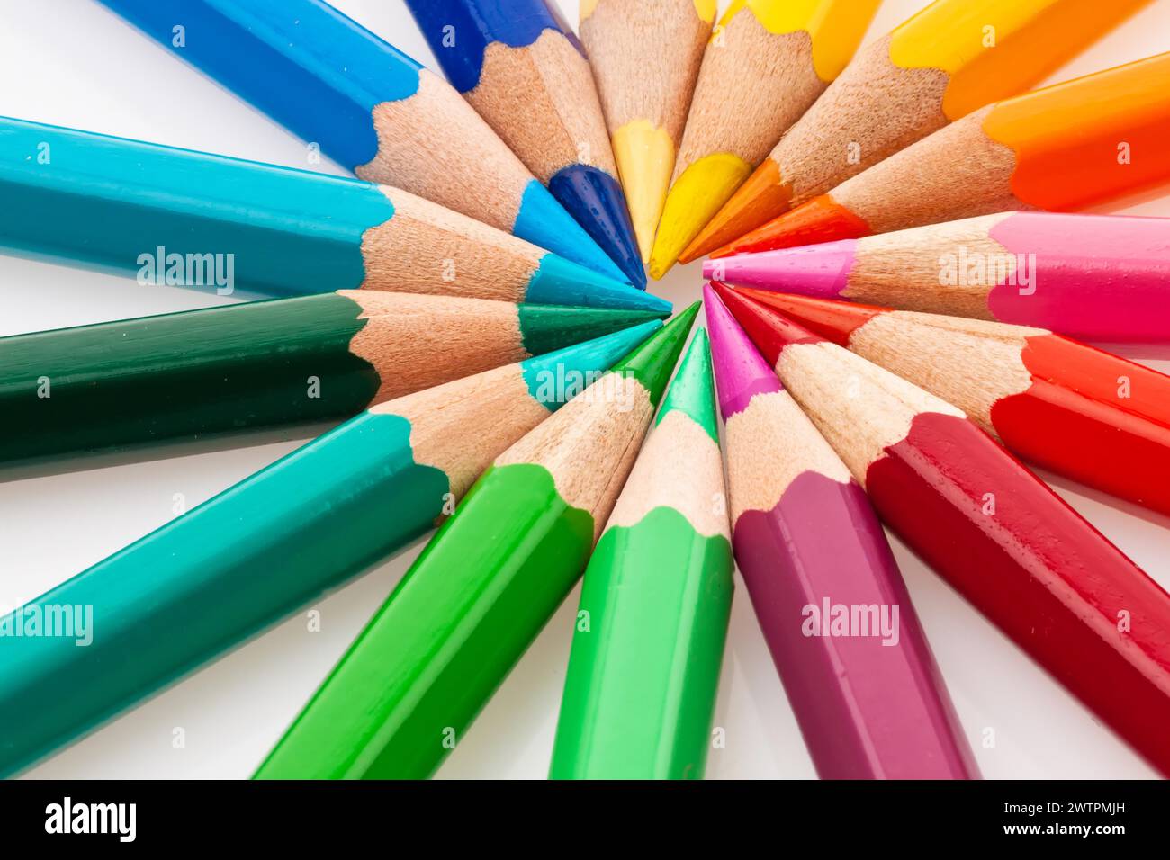 Beaucoup de crayons de différentes couleurs sur un fond blanc Banque D'Images