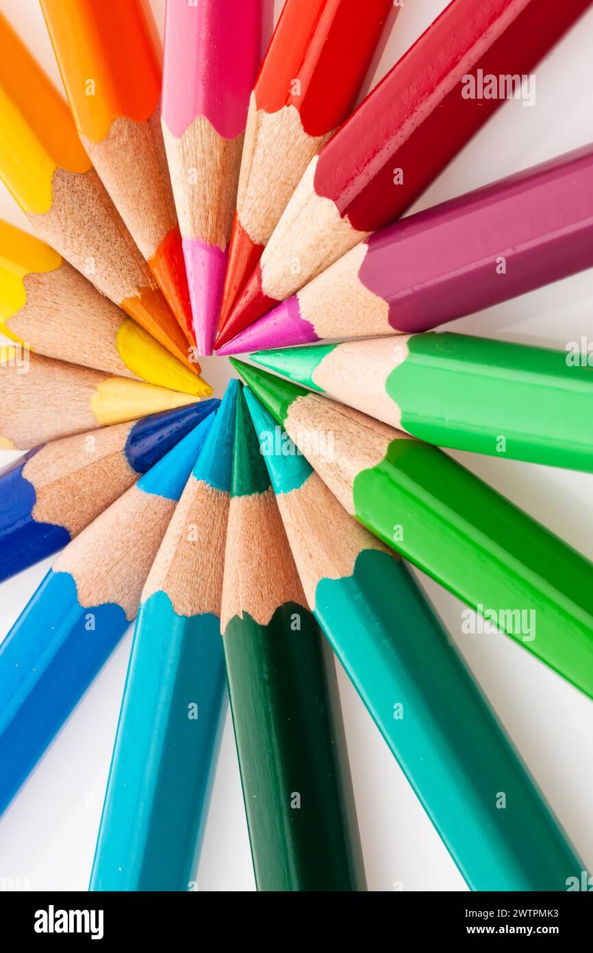Beaucoup de crayons de différentes couleurs sur un fond blanc Banque D'Images