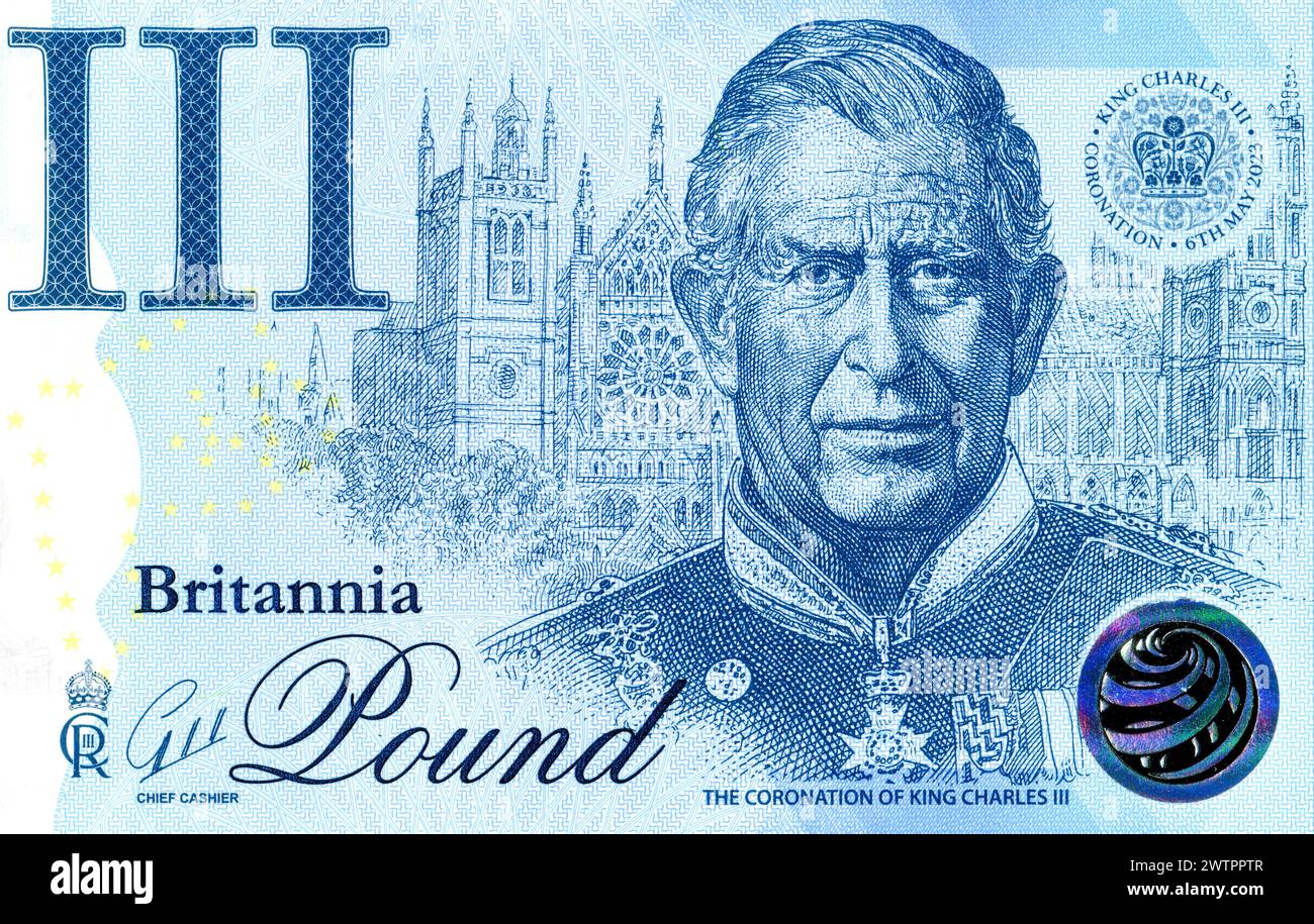 Samara, Russie - 3 mars 2024 : Roi Charles III, Portrait de Grande-Bretagne billets souvenirs. Billet de banque en papier souvenir Banque D'Images