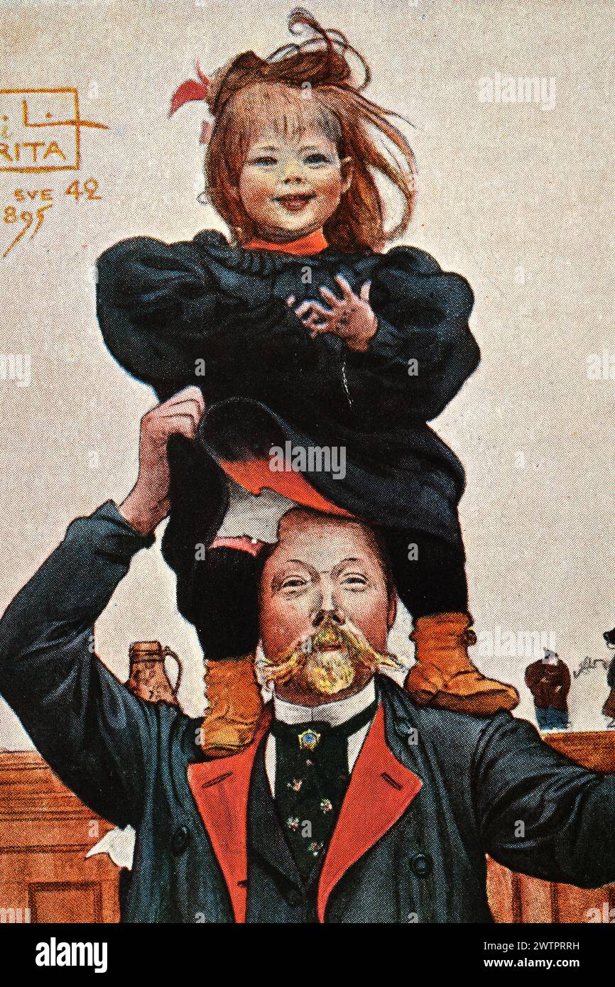 Homme prenant soin de sa fille riante sur ses épaules, Carl Larsson, art suédois, années 1890 Banque D'Images