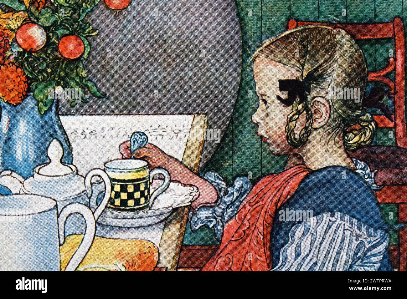 Portrait d'une fille avec des tresses, tasse de thé par Carl Larsson, années 1890, art suédois Banque D'Images