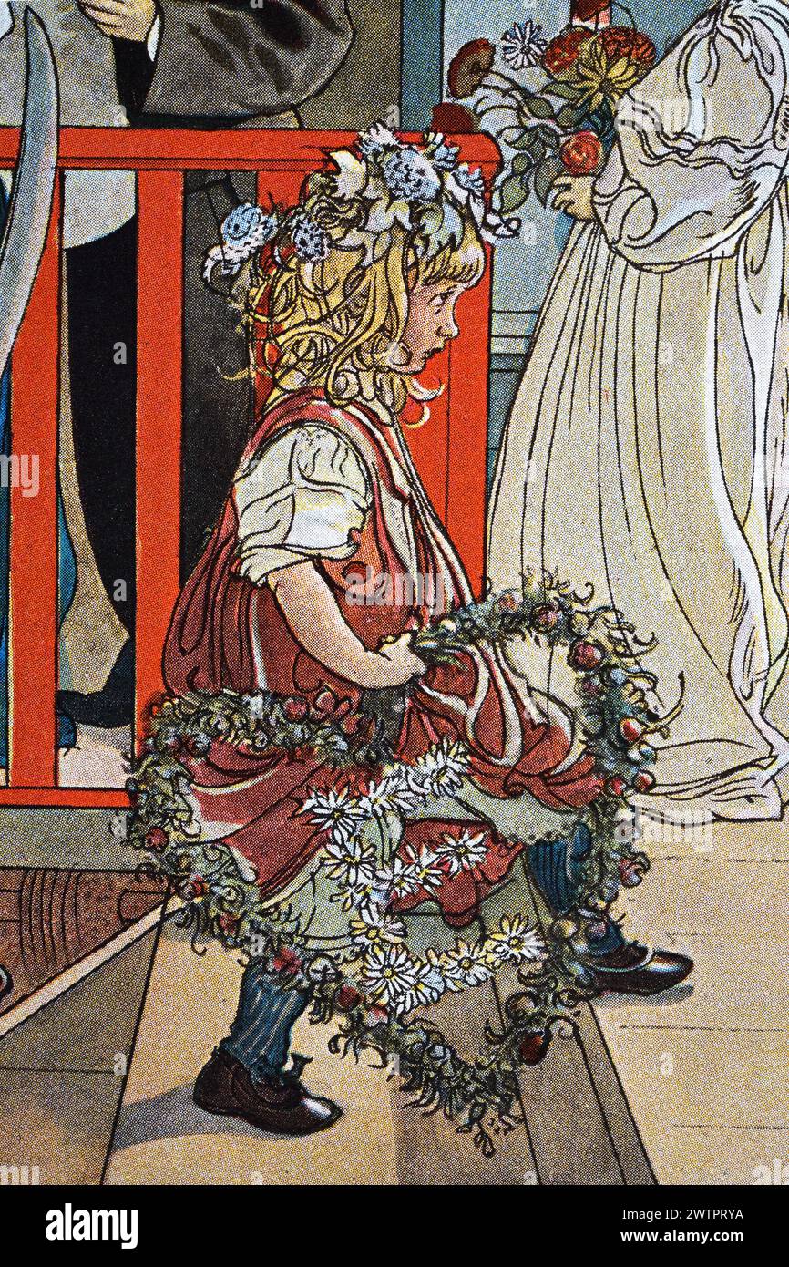Portrait d'une fille en robe de festival traditionnelle, fleurs dans ses cheveux, tenant une guirlande en forme de coeur, par Carl Larsson, années 1890, art suédois Banque D'Images