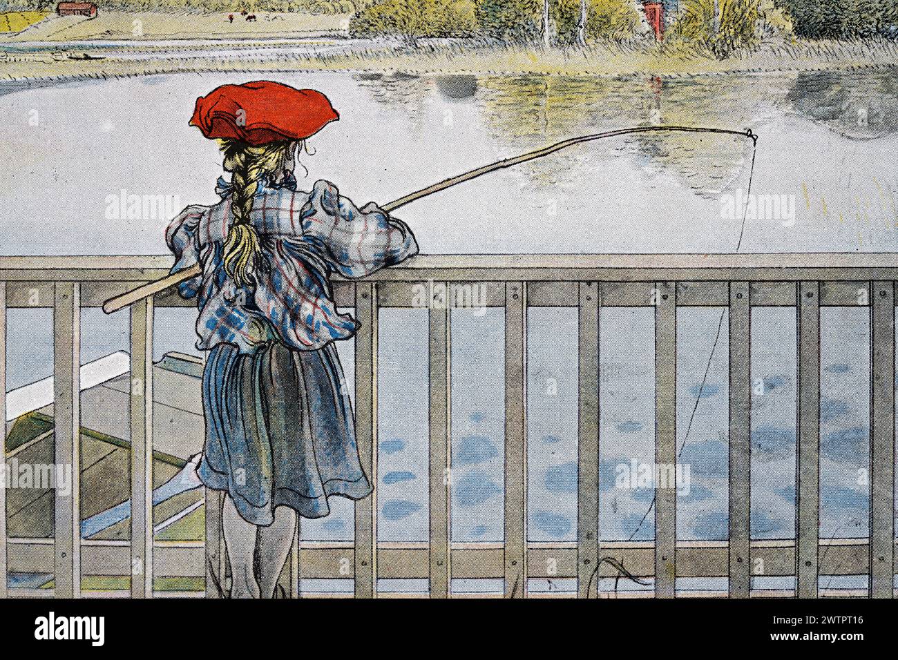 Portrait d'une fille pêchant dans un étang, canne à pêche, par Carl Larsson, années 1890, art suédois Banque D'Images