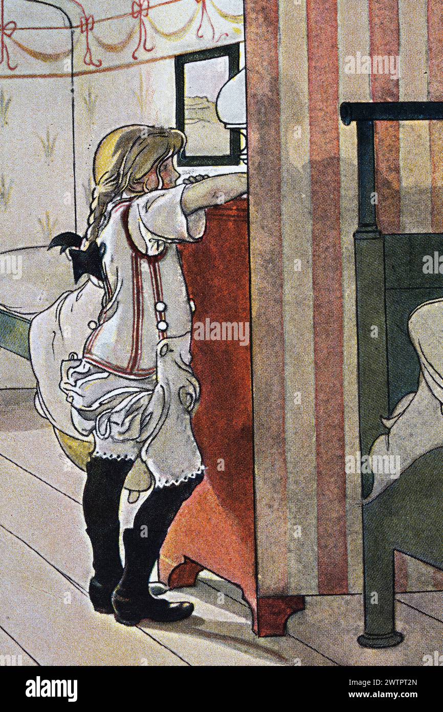 Portrait d'une fille qui s'habille le matin, par Carl Larsson, années 1890, art suédois Banque D'Images