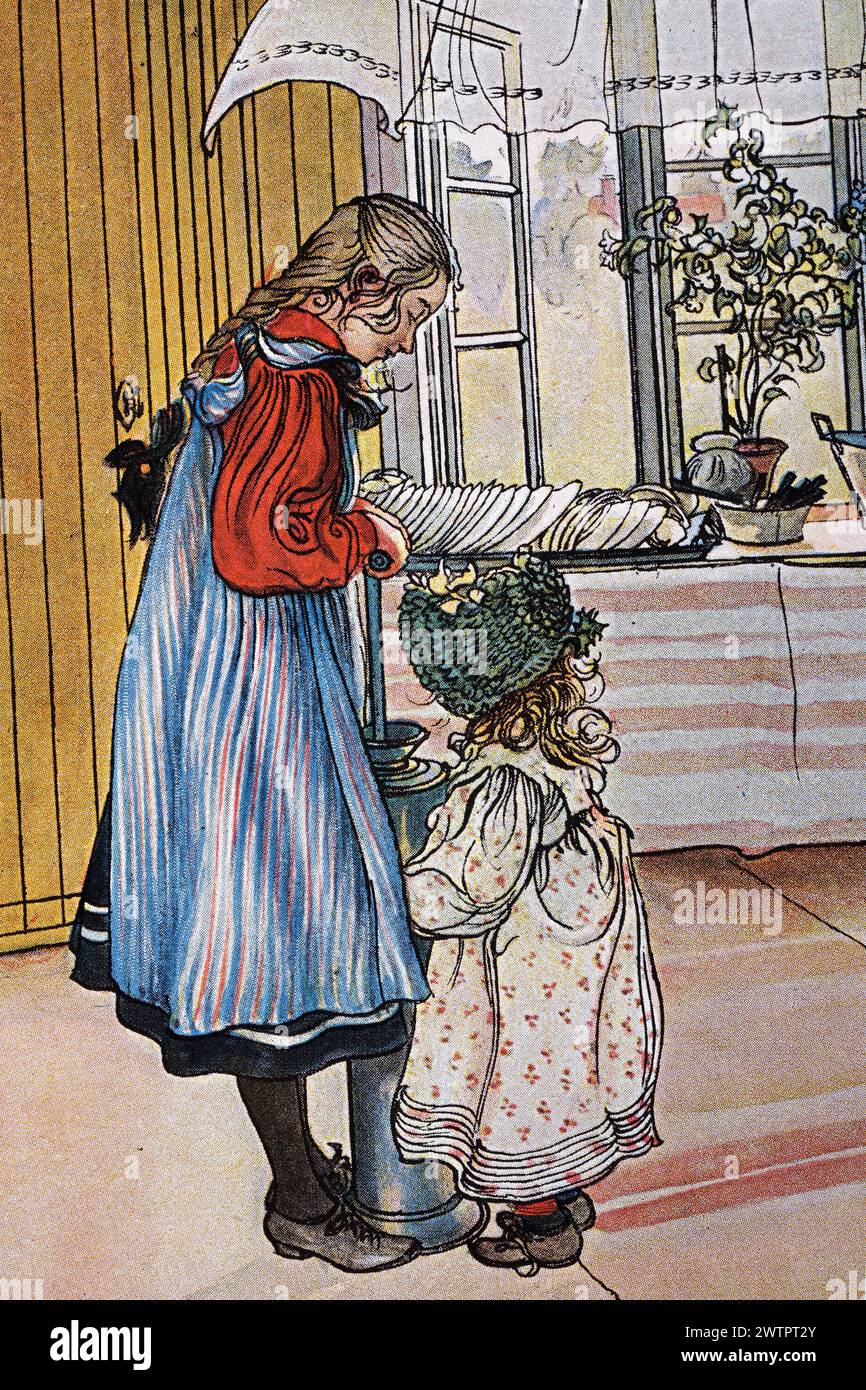 Portrait d'une fille et de sa petite sœur utilisant une baratte au beurre, par Carl Larsson, années 1890, art suédois Banque D'Images