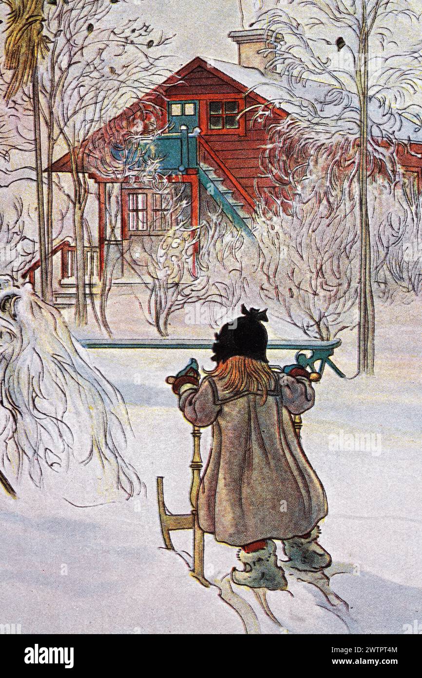 Vintage illustration fille jouant sur un traîneau dans la neige, par Carl Larsson, années 1890, art suédois Banque D'Images