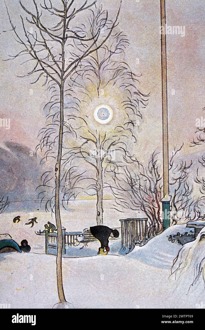 Vintage illustration hiver scène de neige Suède, par Carl Larsson, années 1890, art suédois Banque D'Images