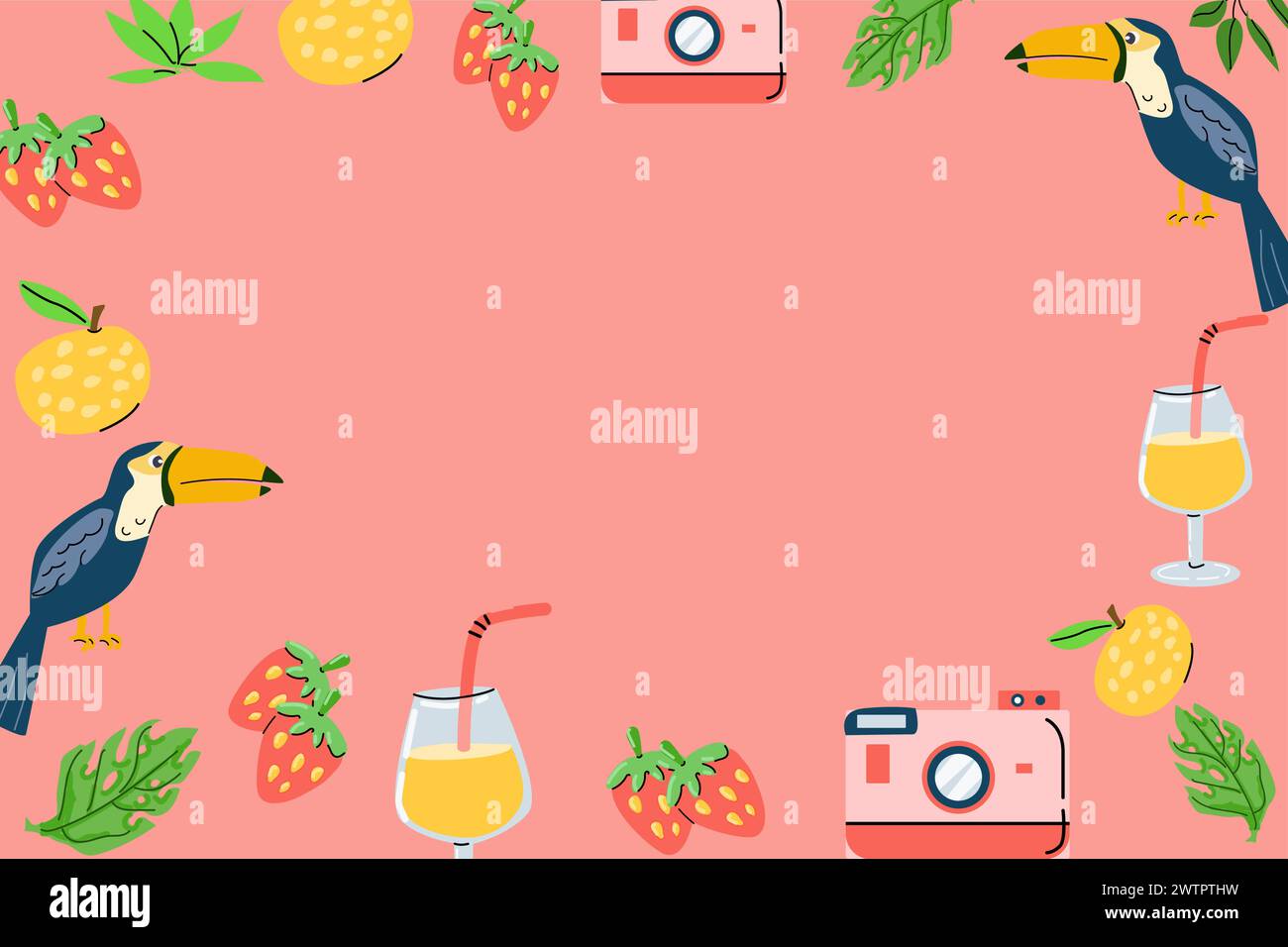 Fond rose dessiné à la main d'été avec cadre de plage. Illustration vectorielle de cocktail de plage, toucan d'oiseau tropical et appareil photo. Illustration de Vecteur