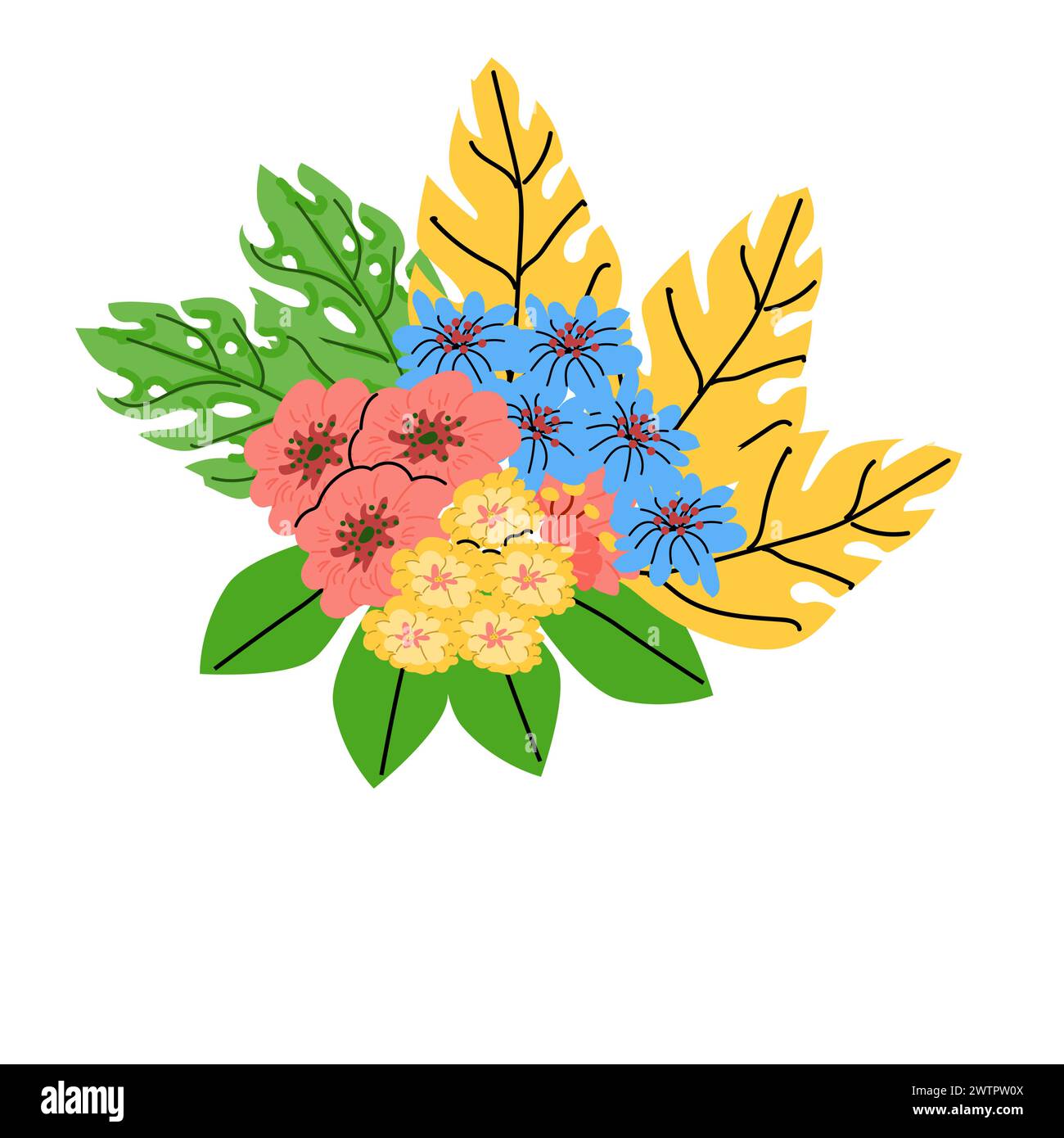 bouquet tropical - fleur d'été avec des feuilles. Illustration vectorielle peut être utilisée pour carte de voeux, bannière. Fleurs exotiques du Brésil. Illustration de Vecteur bouquet tropical - fleur d'été avec des feuilles. Illustration vectorielle peut être utilisée pour carte de voeux, bannière. Fleurs exotiques du Brésil. Illustration de Vecteur