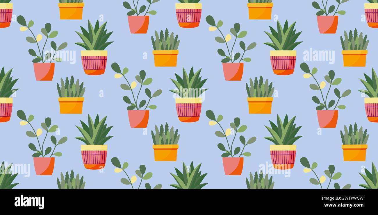 Fond mignon avec des fleurs d'intérieur dans des pots. Modèle sans couture avec des plantes vertes en pot. Fond coloré d'illustration vectorielle avec une variété de pot Illustration de Vecteur