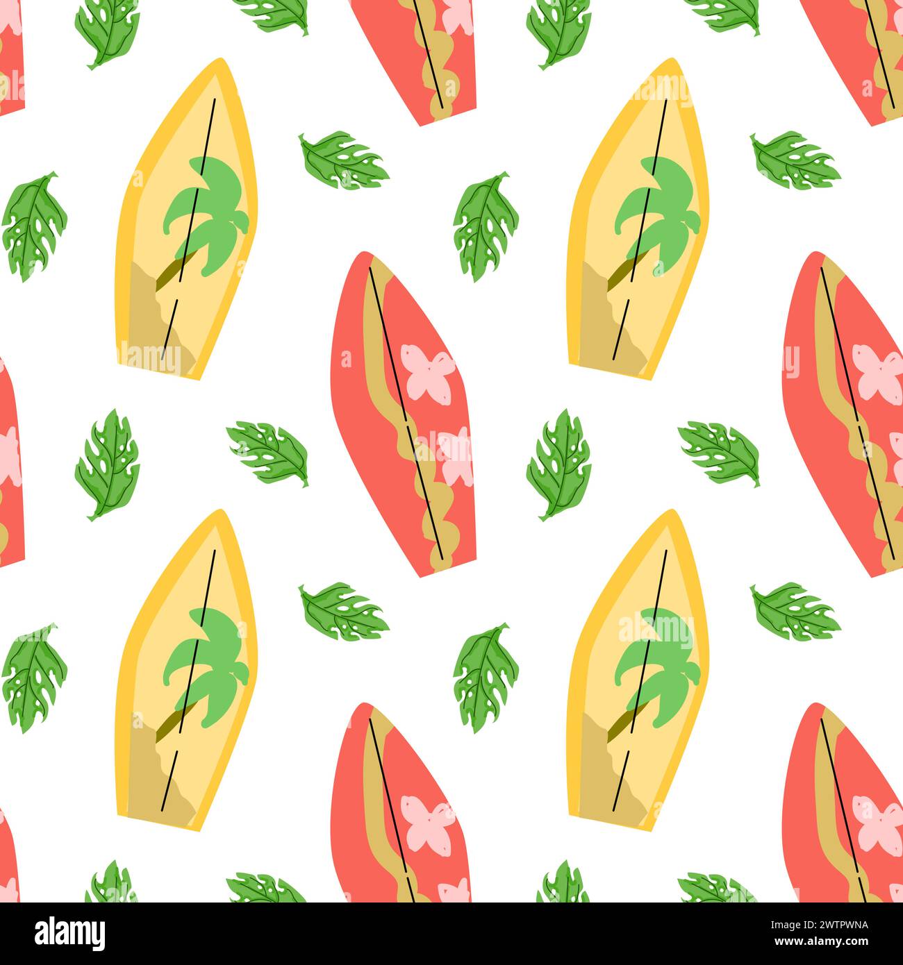 Motif de planche de plage d'été avec planche de surf avec feuilles tropicales monstera. L'illustration vectorielle peut être utilisée pour le textile d'été, l'affiche imprimée de vacances, le sport Illustration de Vecteur