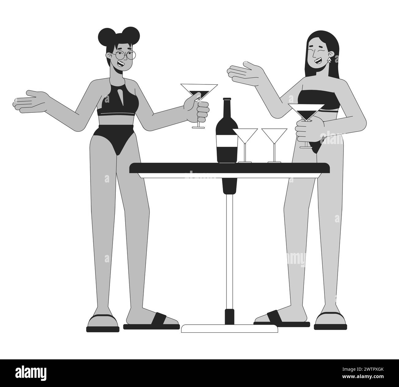 Femmes en maillots de bain appréciant les cocktails noir et blanc 2D ligne personnages de dessin animé Illustration de Vecteur
