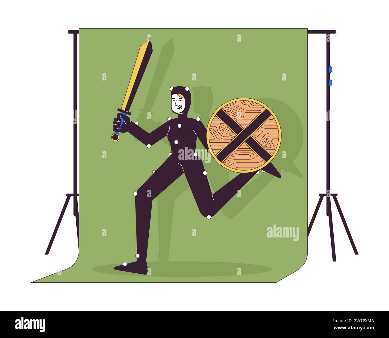 Actrice blindée courant sur écran chromakey 2D personnage de bande dessinée linéaire Illustration de Vecteur